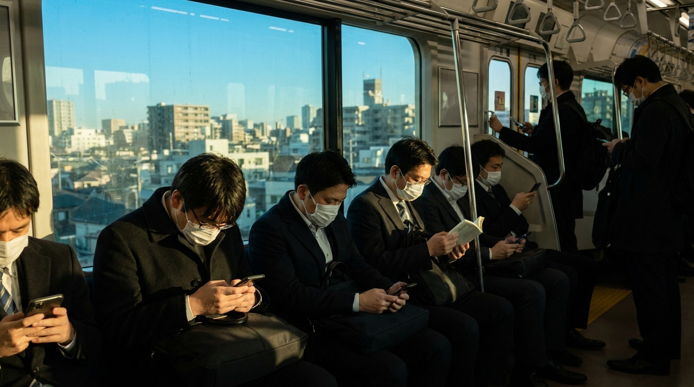 A quiet morning Yamanote Line carriage in Tokyo, with commuters reading and looking at their phones in silence