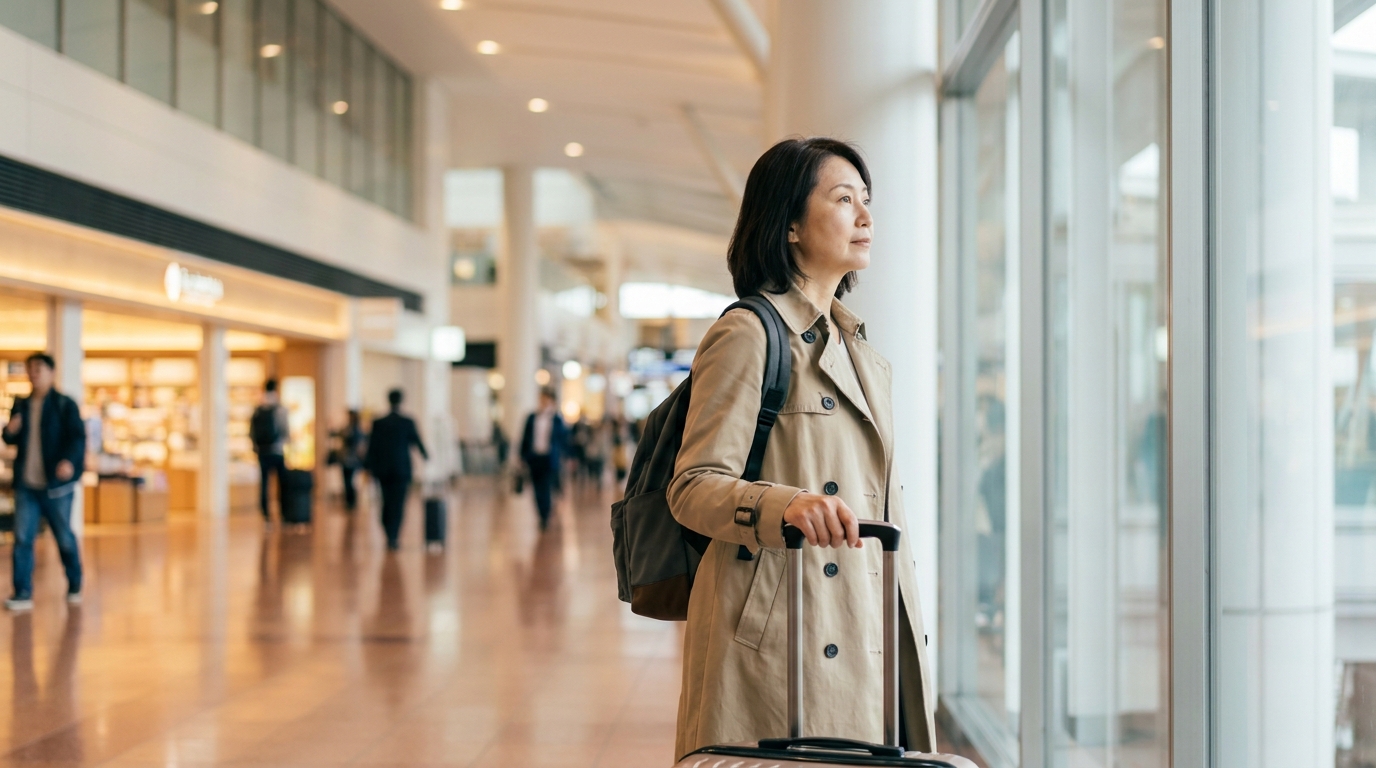A traveler arriving at Narita Airport pulling a suitcase toward the train gates