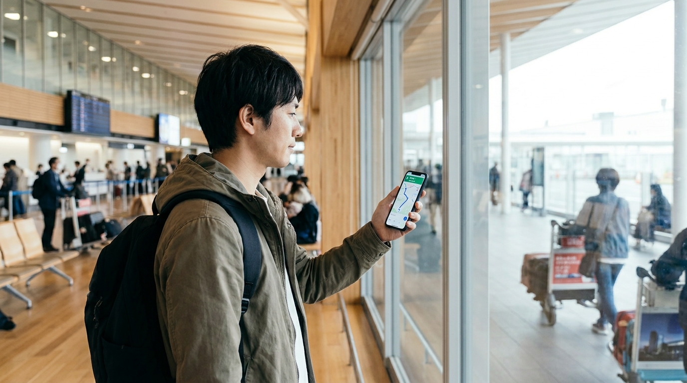 Tourist arriving at Japanese airport with smartphone showing map