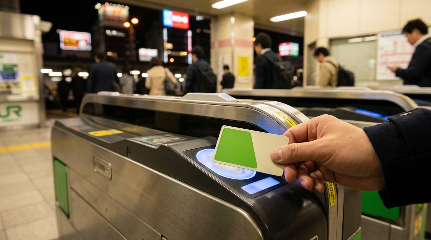 A hand tapping a green IC transit card on a Tokyo train station ticket gate at night