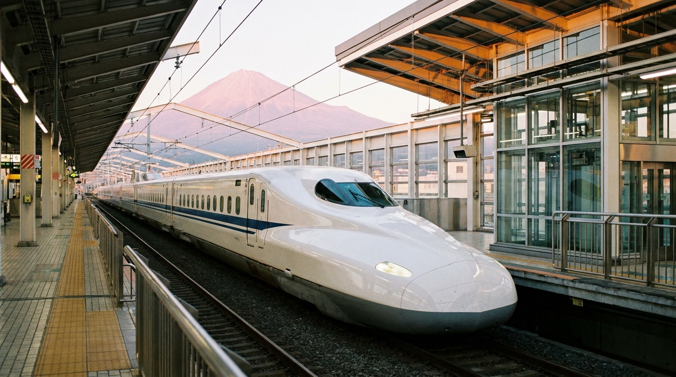 A white N700S Shinkansen arriving at a Tokyo platform with Mount Fuji in the distance