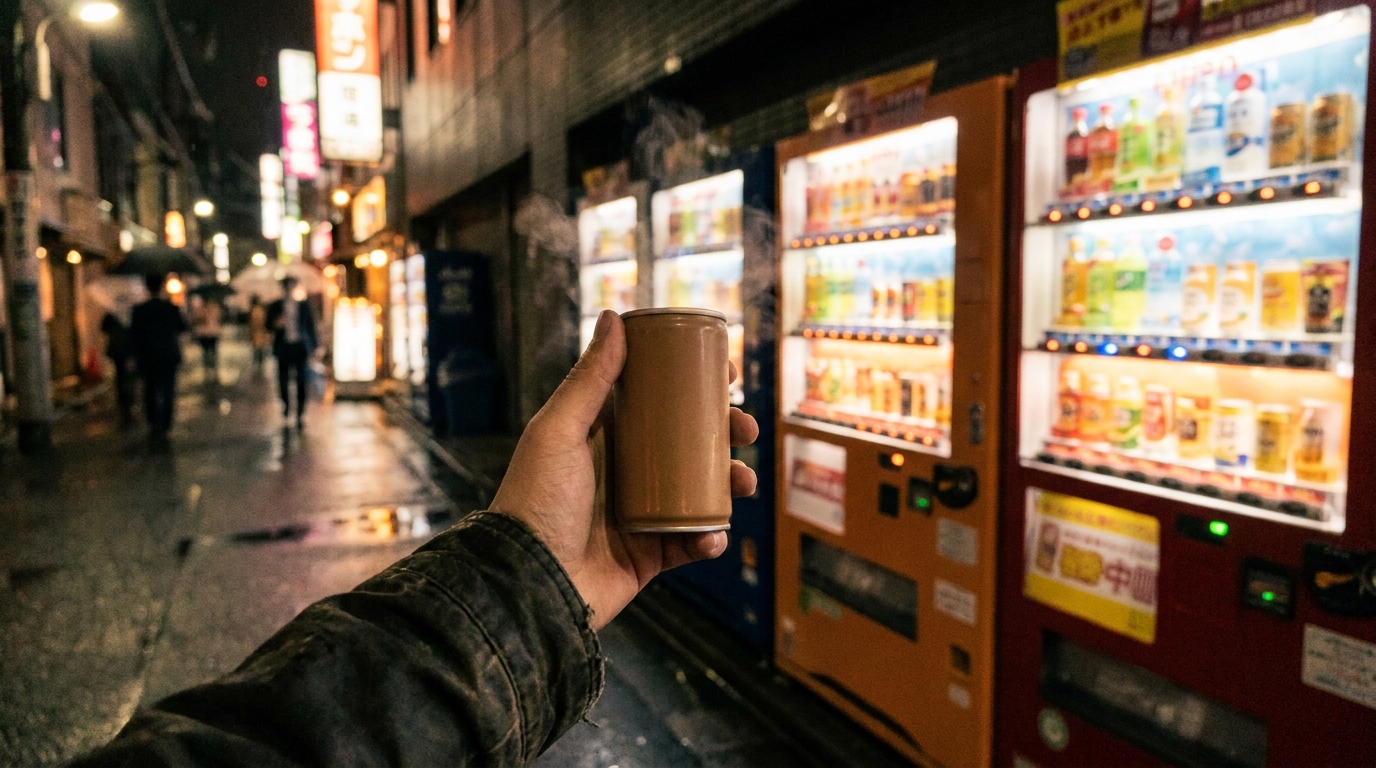 Row of illuminated drink vending machines on a Tokyo backstreet at night