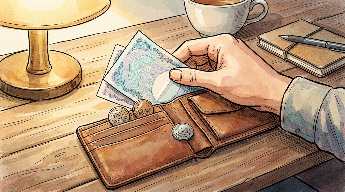 Illustration: a hand drawing a fictional banknote and coins from a leather wallet on a wooden desk
