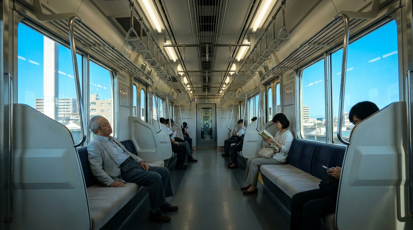 Interior of a Tokyo subway car at off-peak hour with a few passengers reading and napping