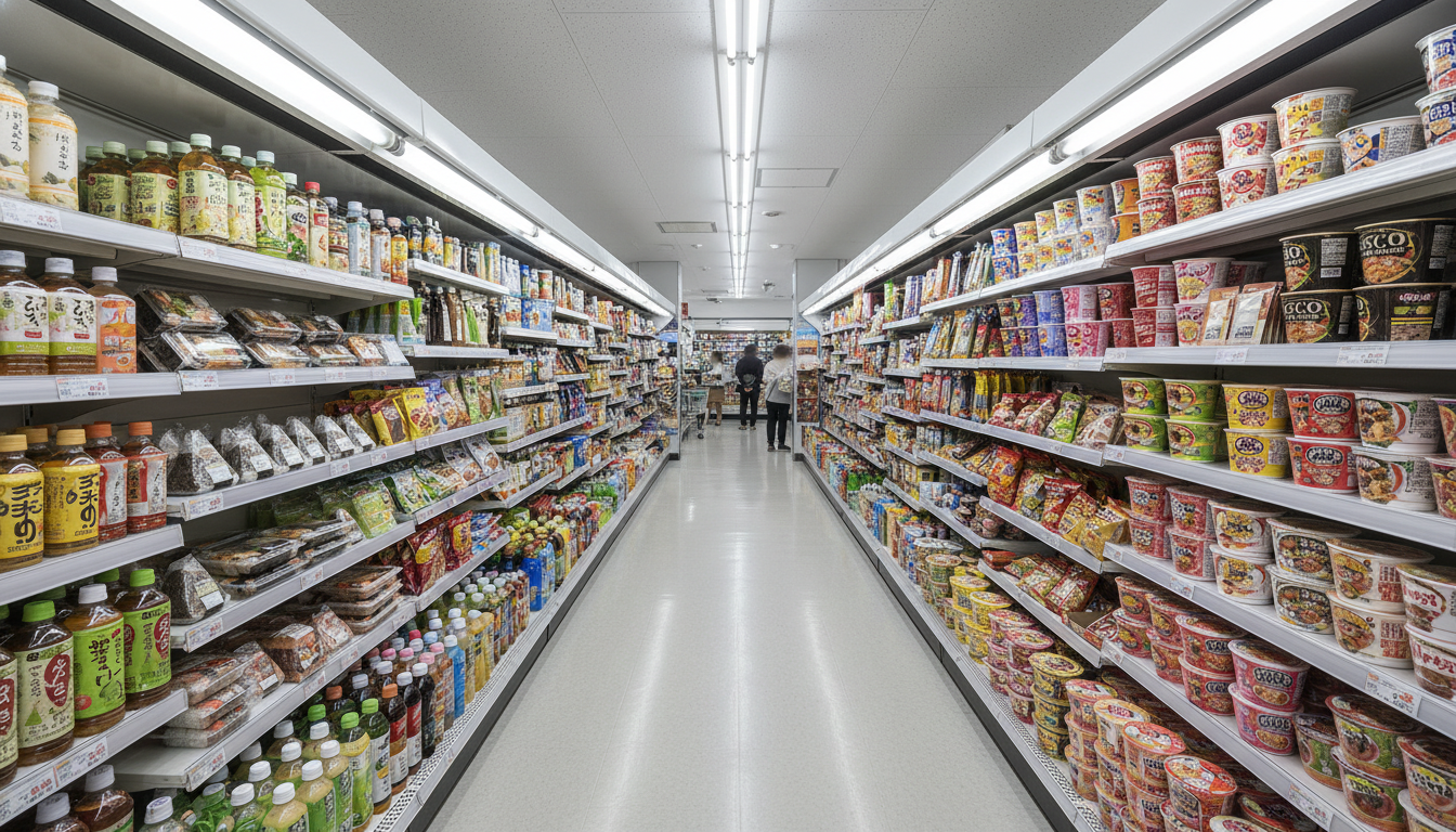 Three Japanese convenience store storefronts: 7-Eleven, FamilyMart, Lawson