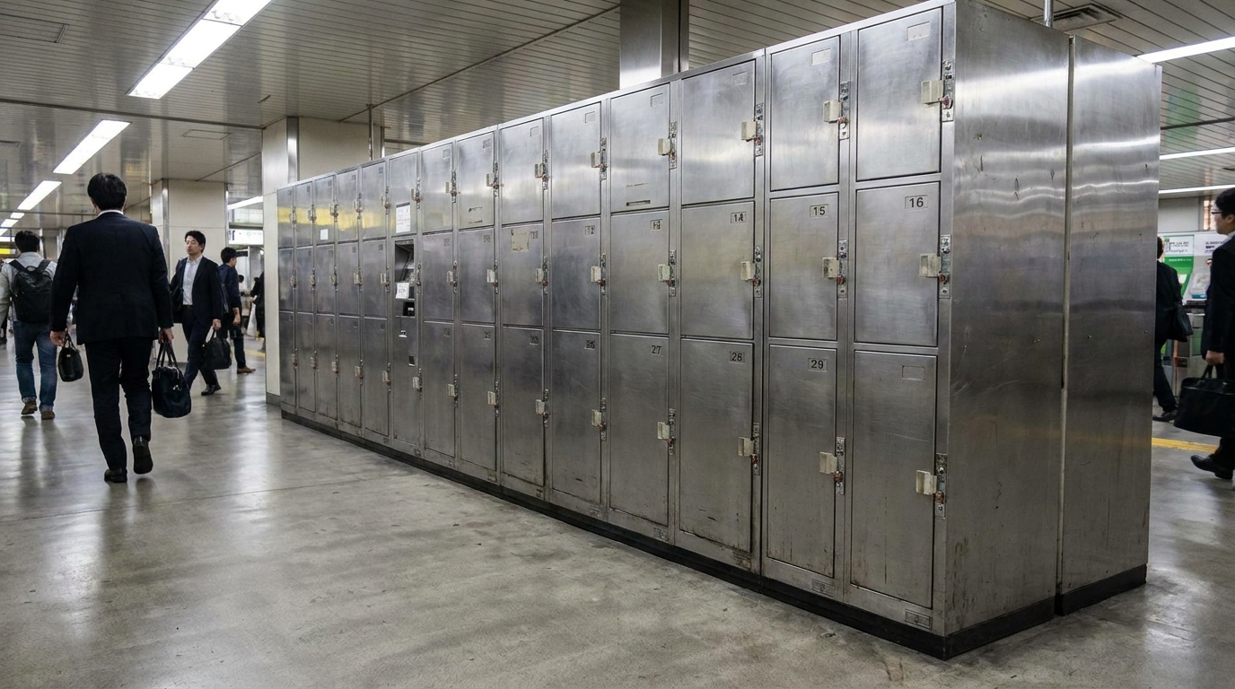 A bank of coin lockers in a Japanese train station