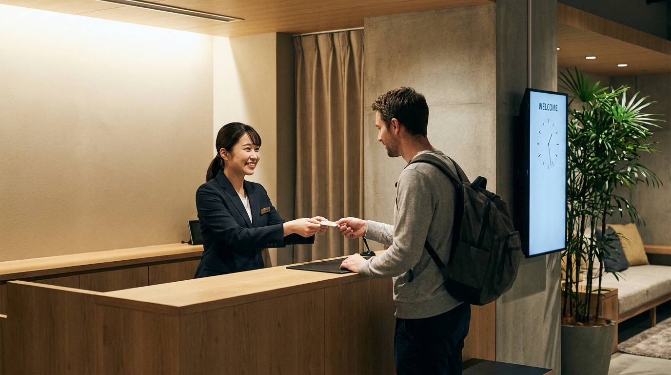 A modern Japanese hotel front desk with a staff member wearing a navy uniform
