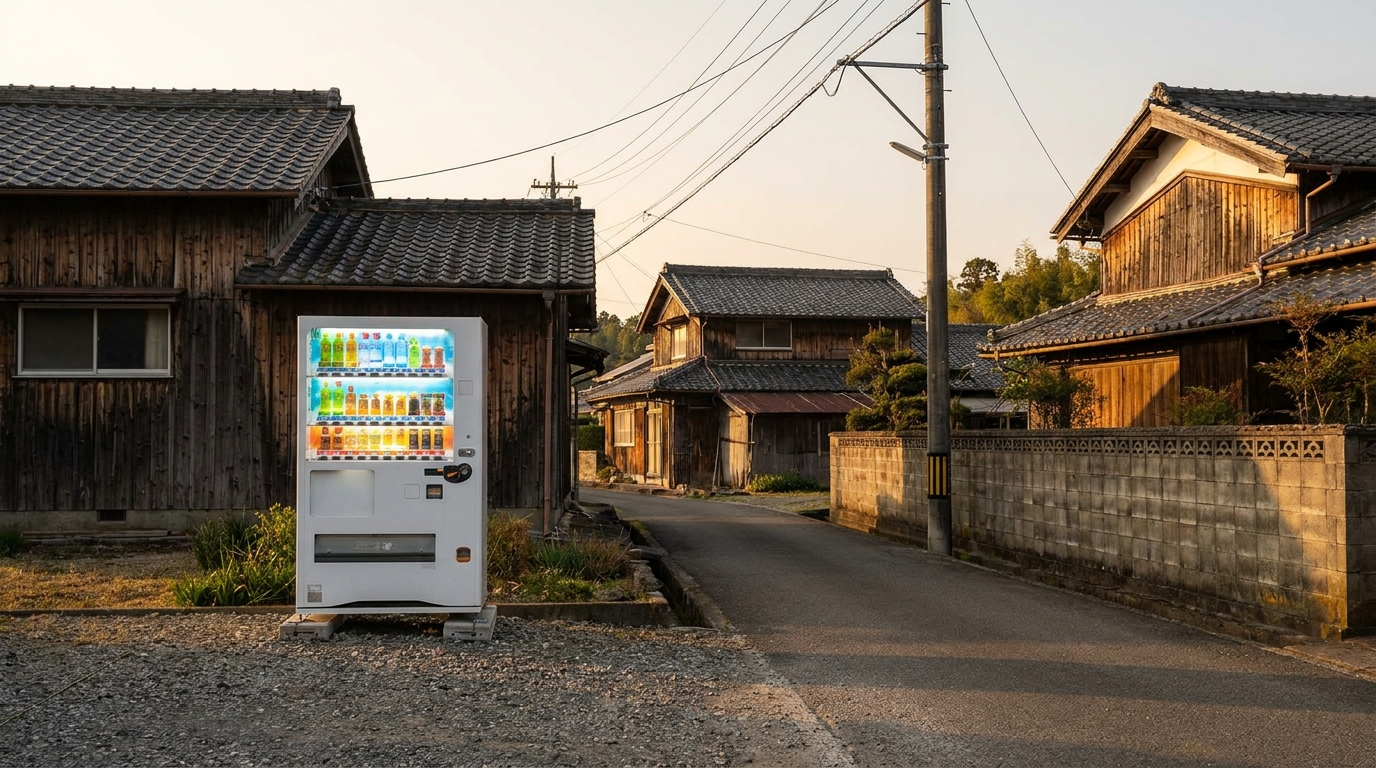 Lone vending machine standing on a quiet rural Japanese village street corner