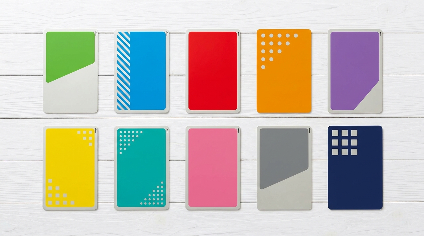 Top-down flat lay of the ten major Japanese IC transit cards