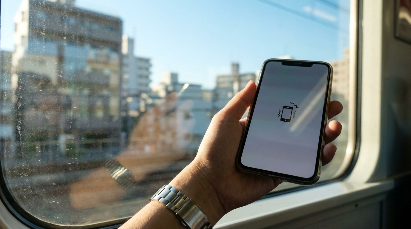 A smartphone showing silent vibration mode on a Tokyo train
