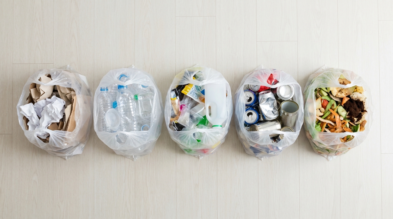 Five categorized clear plastic bags arranged neatly