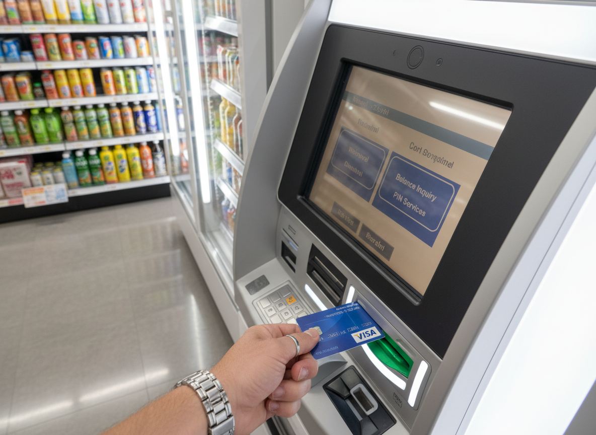Foreign card being inserted into a Seven Bank ATM at a Japanese 7-Eleven