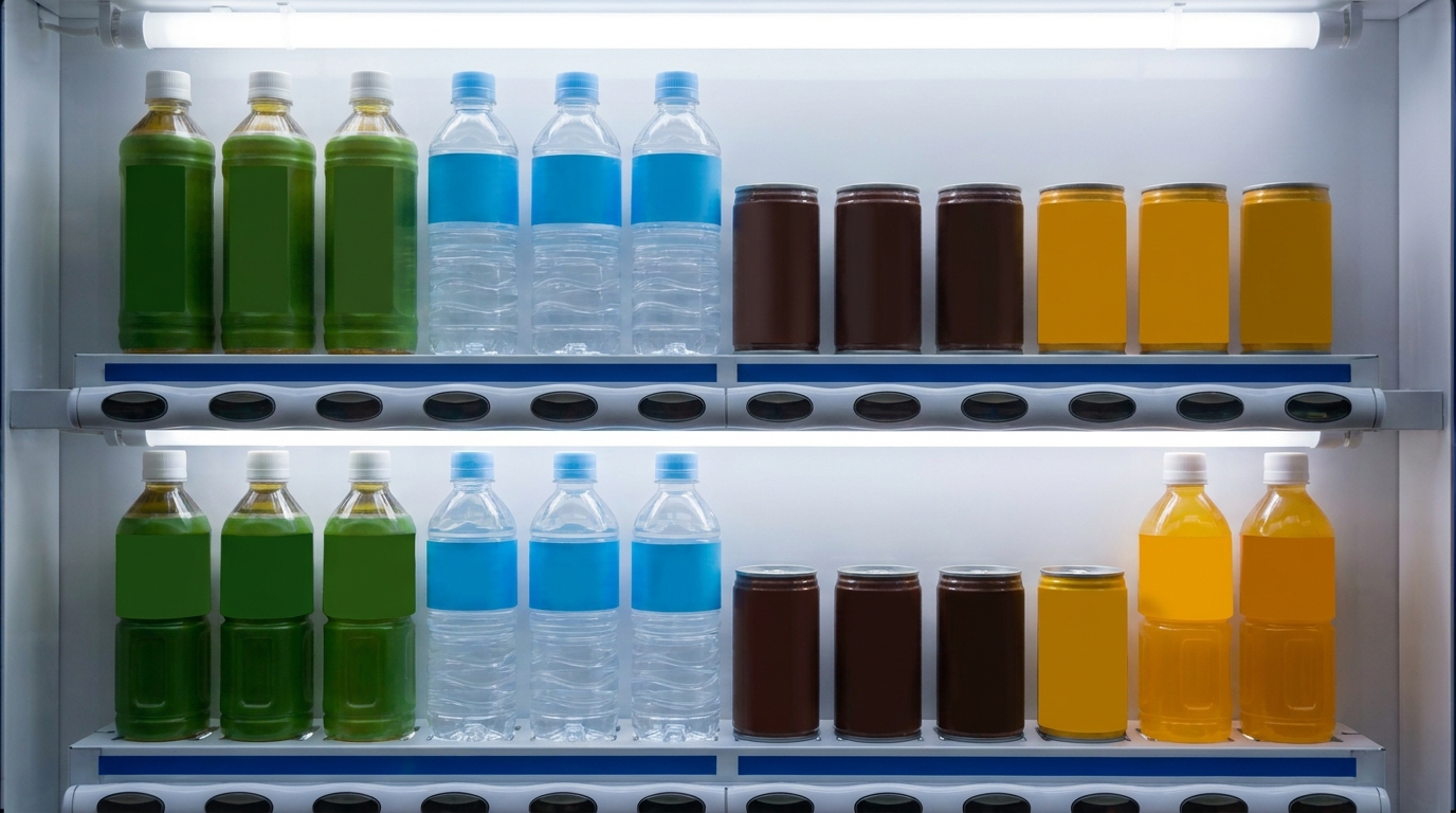 Assorted PET bottles and cans inside a Japanese drink vending machine