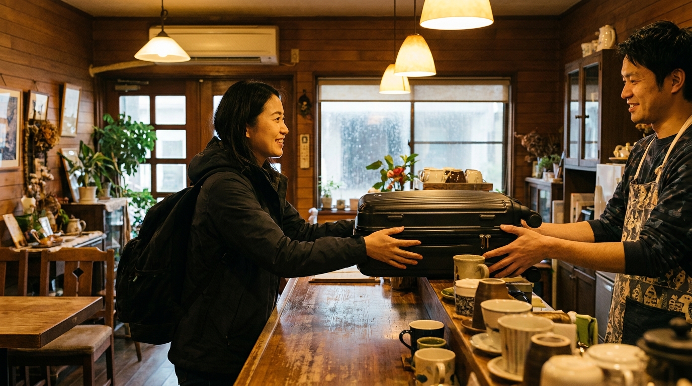 Traveler handing a suitcase to shop staff at a partner storage shop