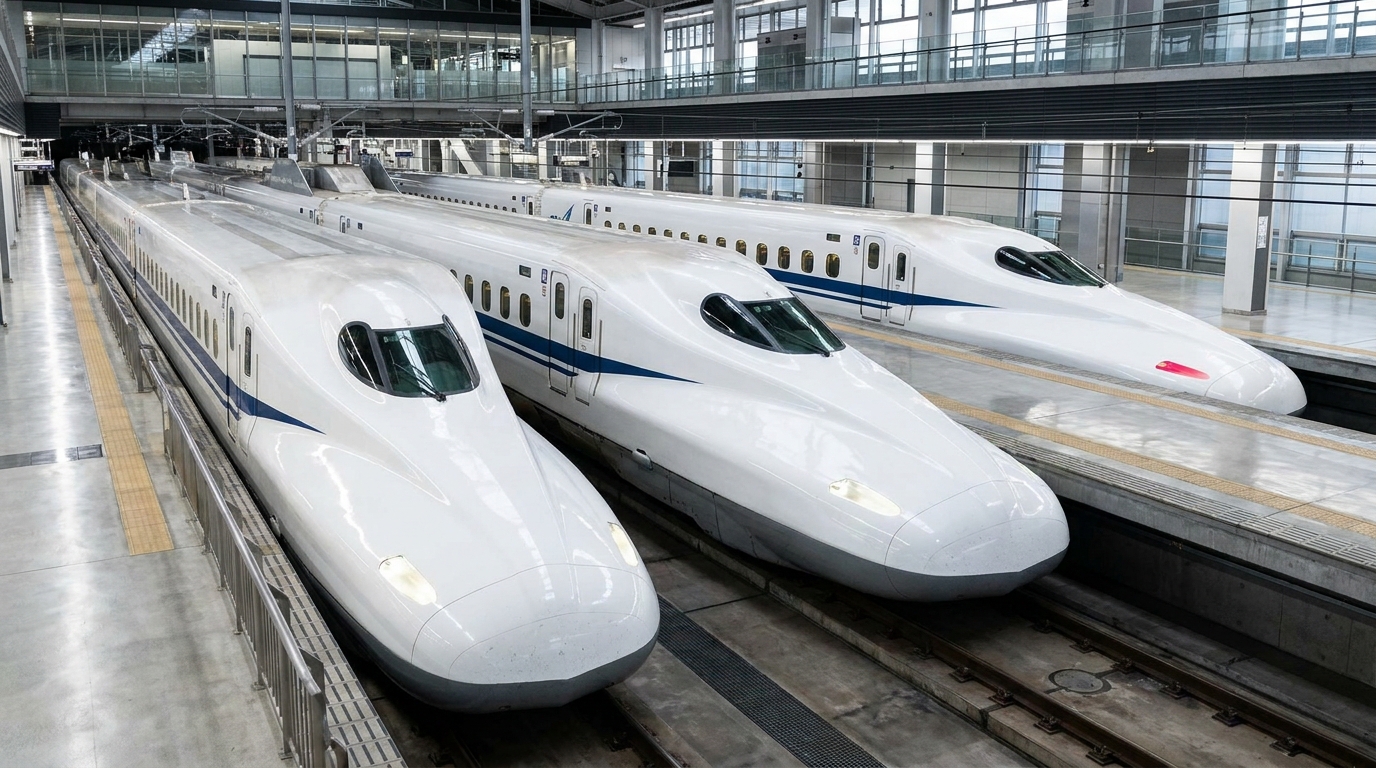 Three N700-series Shinkansen trains lined up at parallel platforms