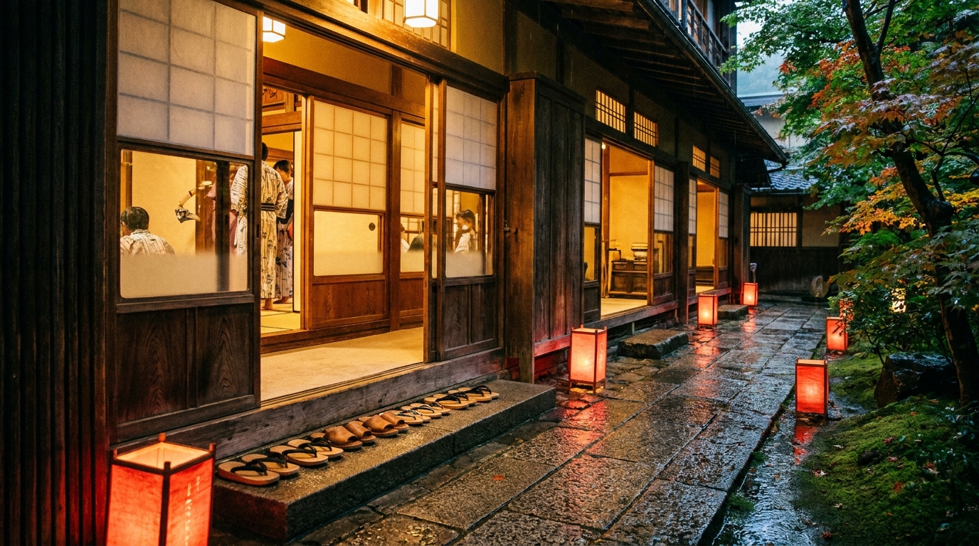 The wooden entrance of a traditional Japanese ryokan with lanterns