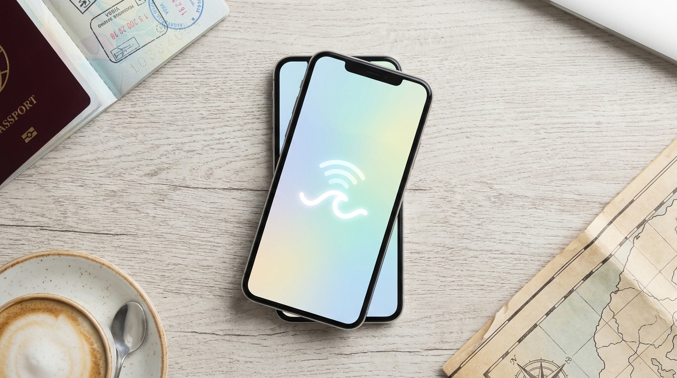 Smartphone displaying connectivity icon next to passport and travel essentials