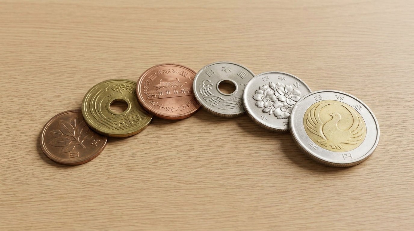 Top-down photo of six Japanese coins from 1 yen to 500 yen arranged on a wooden surface