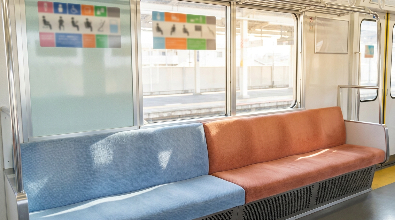 Tokyo Metro priority seat area with pale blue and orange color-coded seats