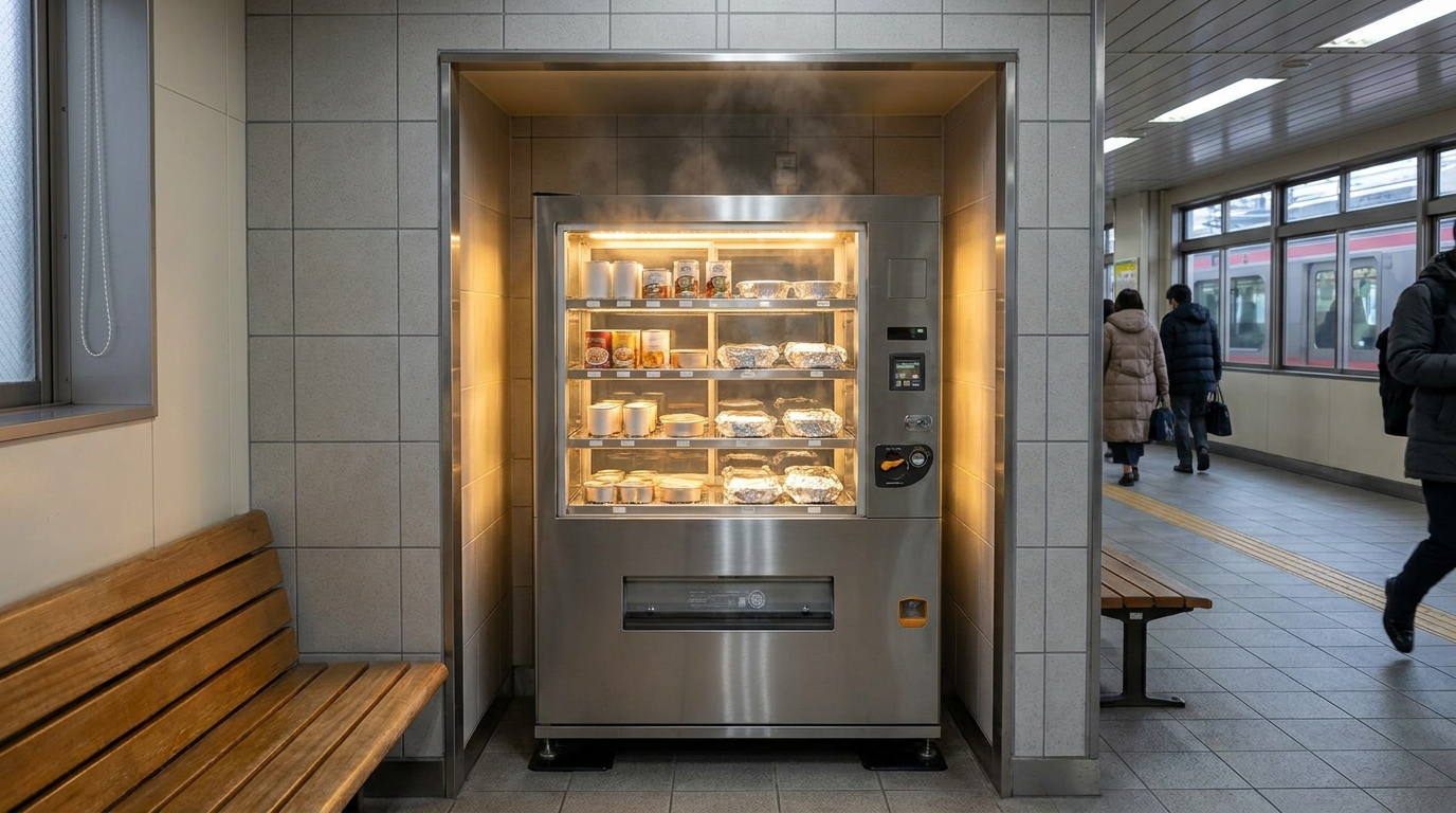 Hot canned-food vending machine with steaming cans inside a Japanese train station alcove
