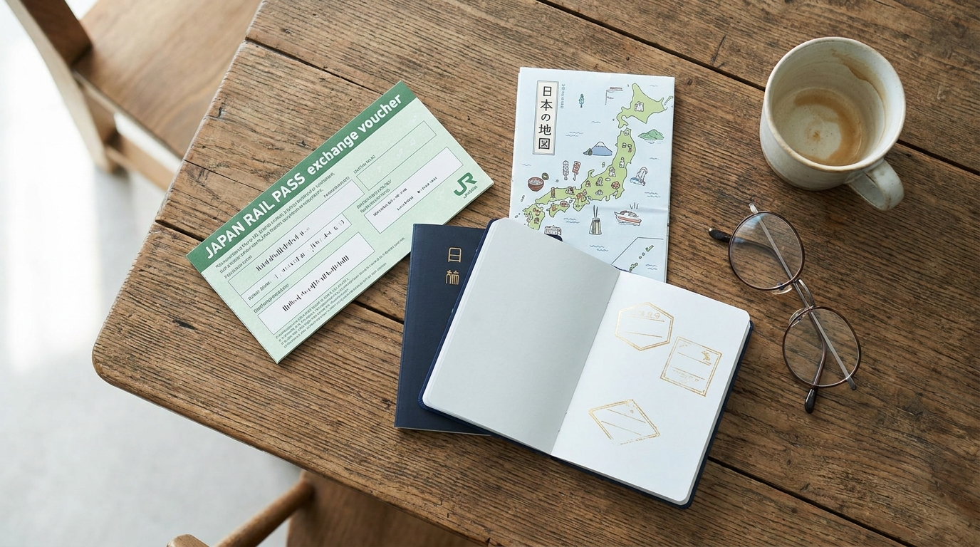 A green Japan Rail Pass voucher next to an open passport on a wooden table