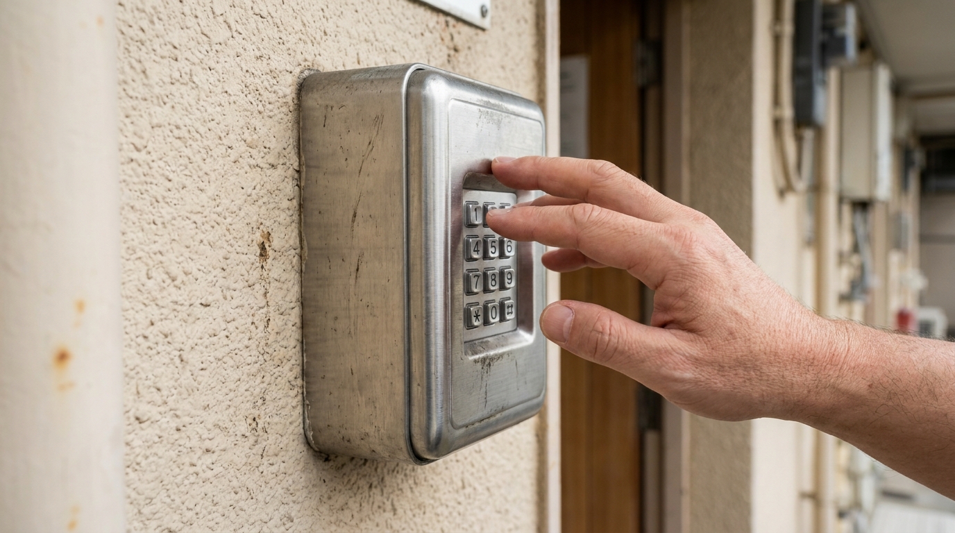 A wall-mounted numeric key box on a Japanese apartment entrance