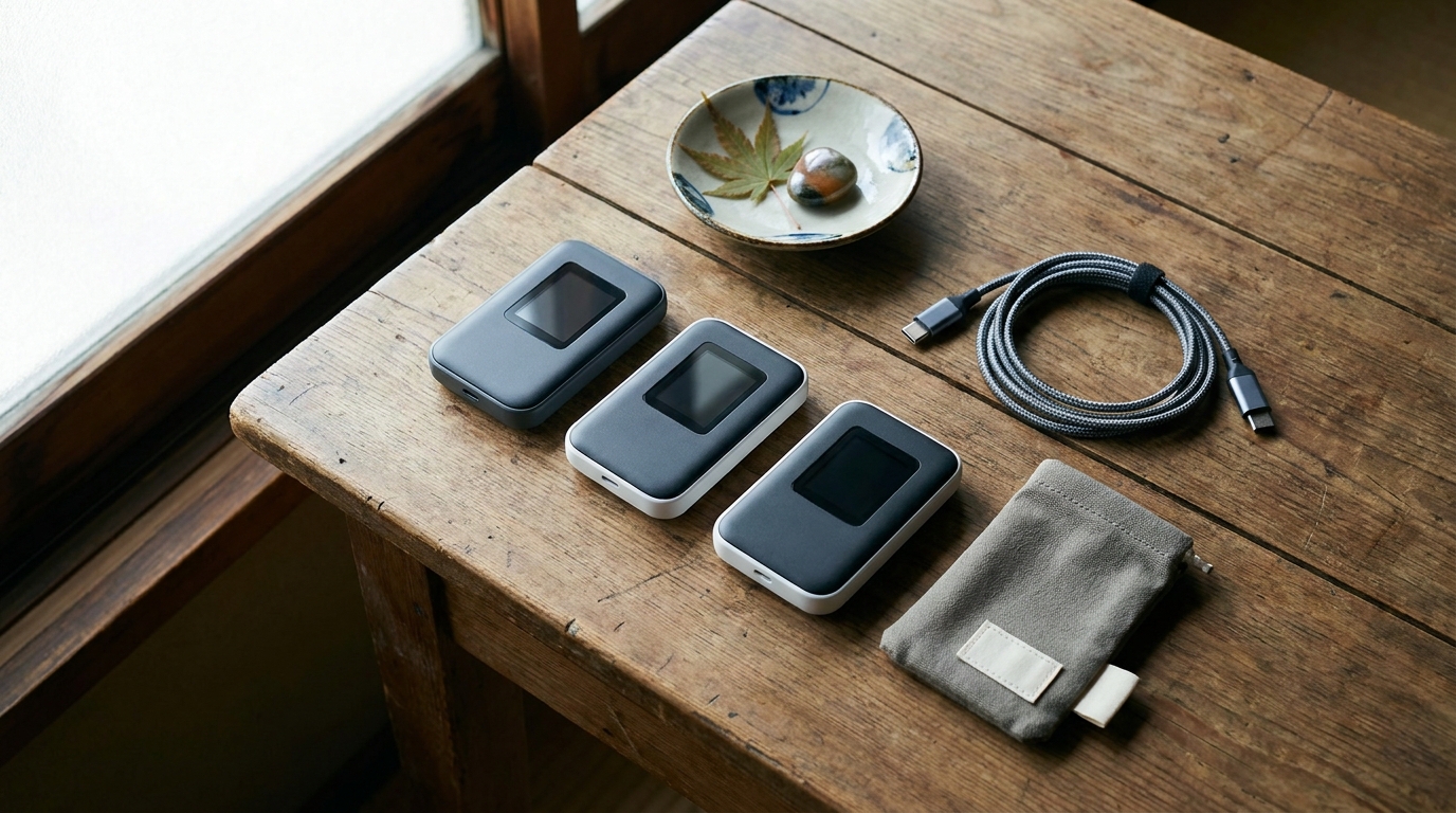 Several pocket WiFi rental routers on a wooden table