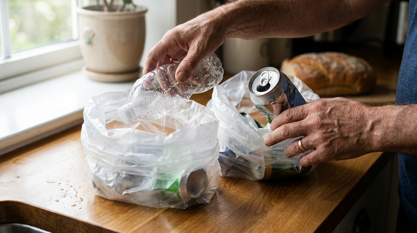 Hands sorting PET bottle and aluminum can into separate bags