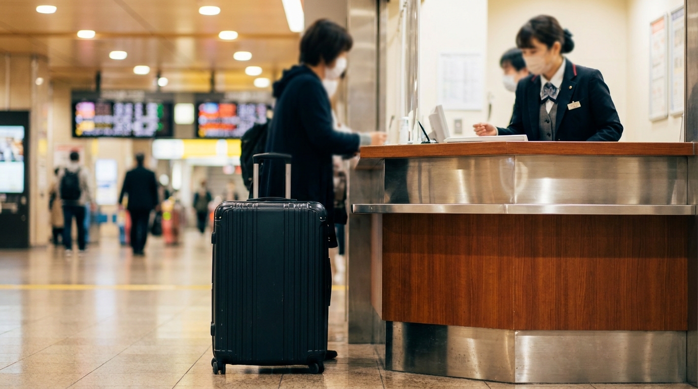 Staffed travel service center counter with a suitcase