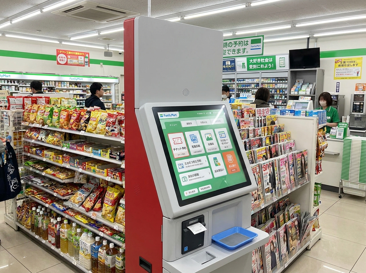 Traveler using a multi-function ticket terminal at a Japanese convenience store