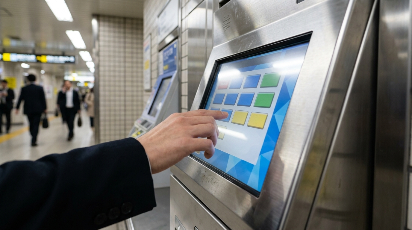 Hand pressing a touchscreen on a Japanese train station ticket vending machine