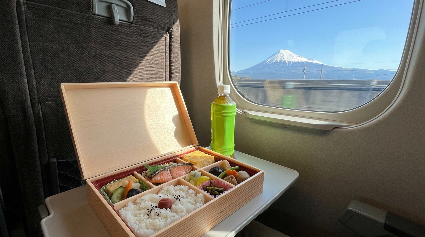 Ekiben bento box on a Shinkansen tray with Mt Fuji visible through the window