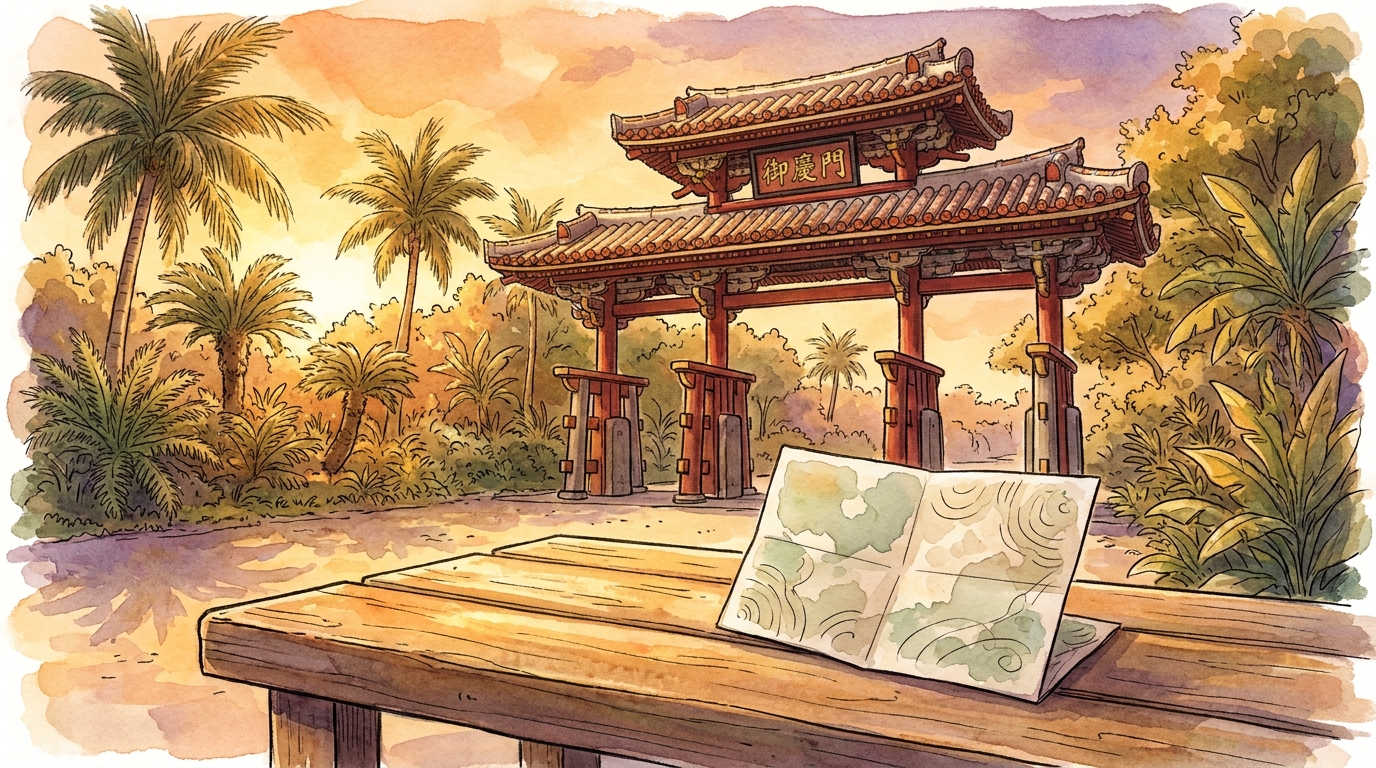 Illustration: the Shureimon gate of Shuri Castle in Okinawa with a small banknote in the foreground