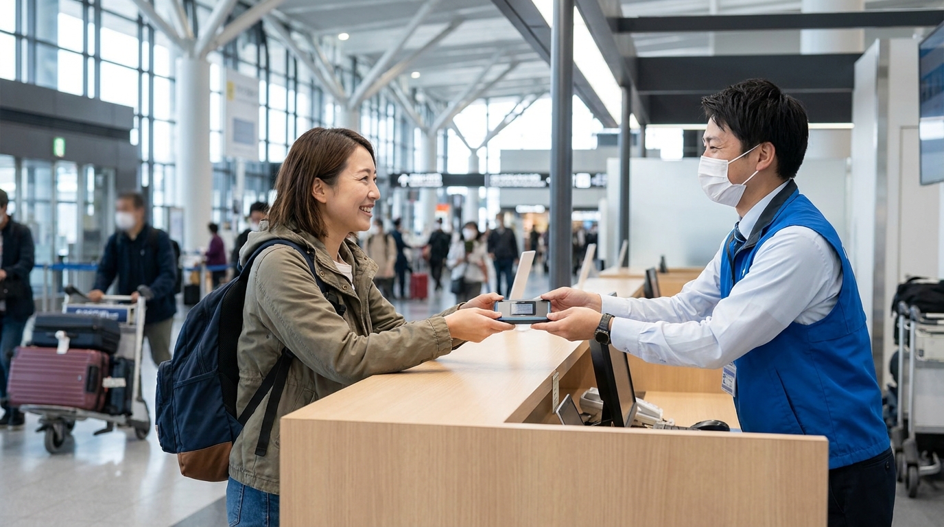 Tourist receiving pocket WiFi device at airport rental counter in Japan
