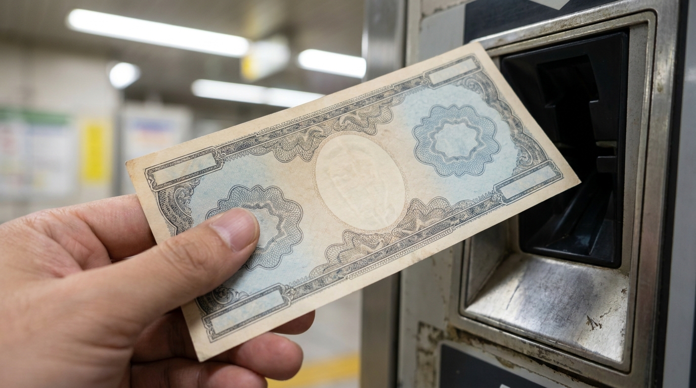 Hand inserting a banknote into a Japanese train station IC card charging machine