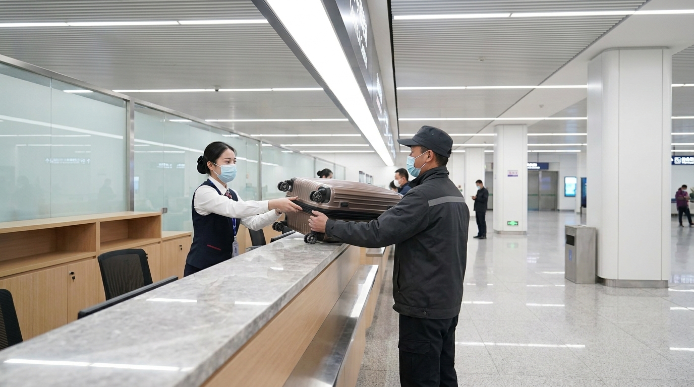Courier behind a counter receiving a suitcase