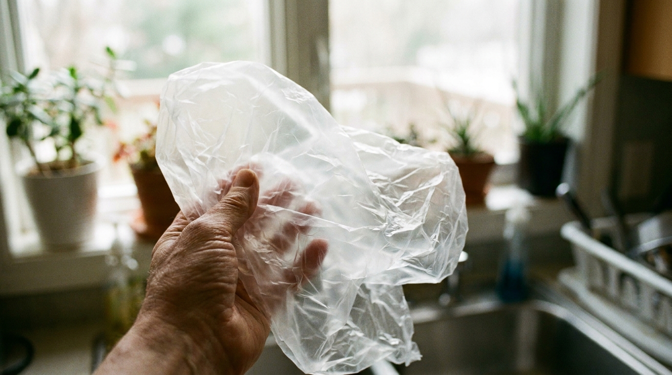 Hand holding up a clear translucent plastic bag