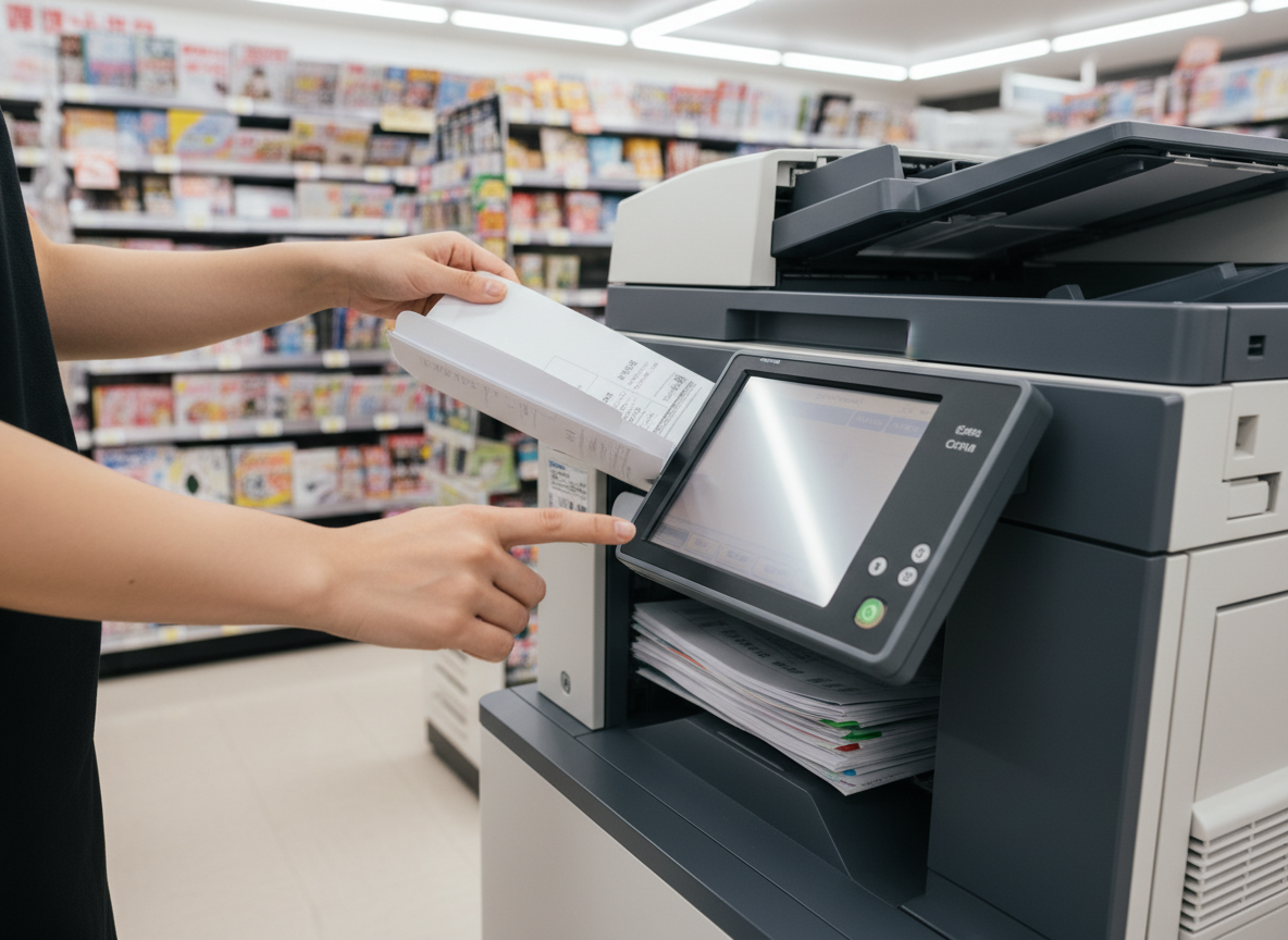 Multi-function printer at a Japanese konbini, printing a document