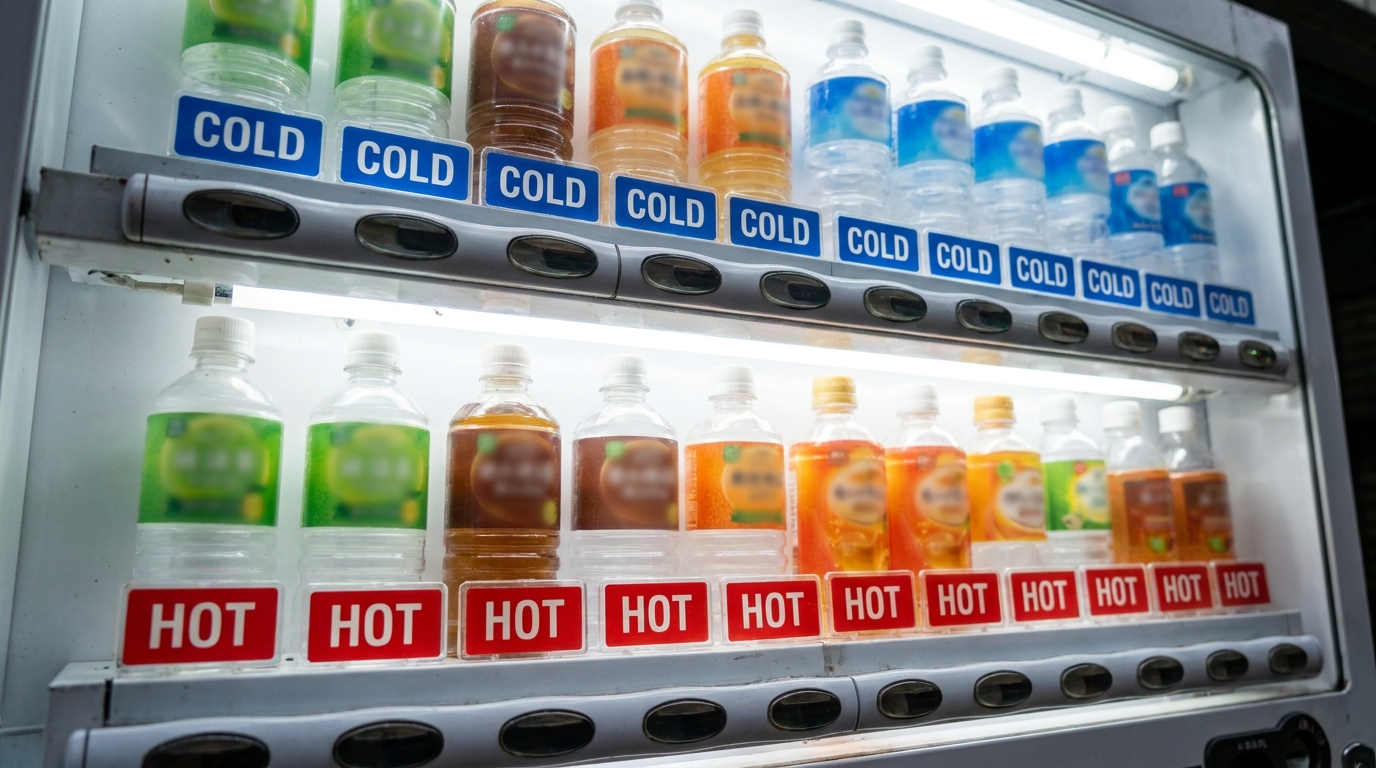 Vending machine product display with blue COLD labels above and red HOT labels below