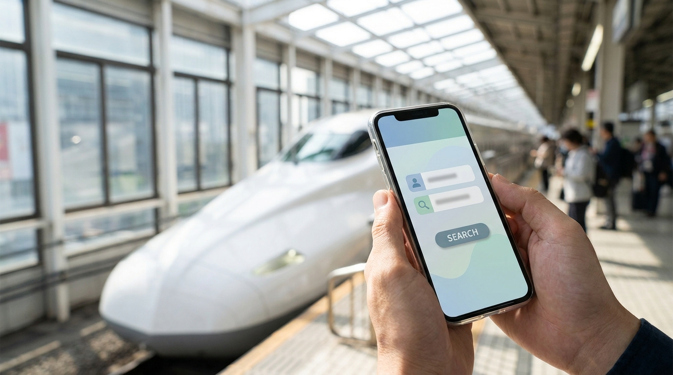 Hands holding a smartphone showing a train booking app at a Shinkansen station