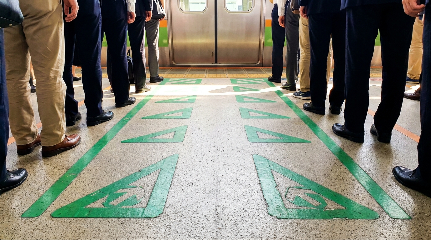 Tokyo platform floor markings with green triangles guiding passengers to queue beside doors