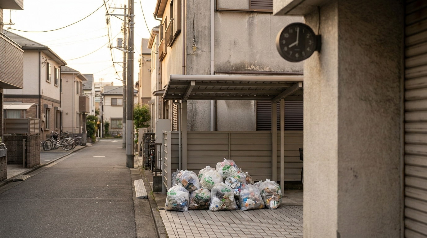 Tokyo residential street with garbage bags at collection point at 8 AM