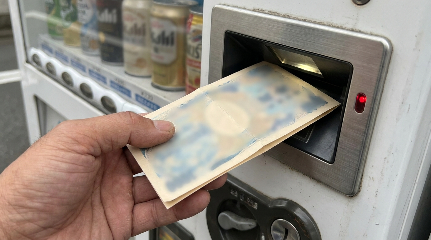 A hand inserting a banknote into the bill slot of a Japanese drink vending machine