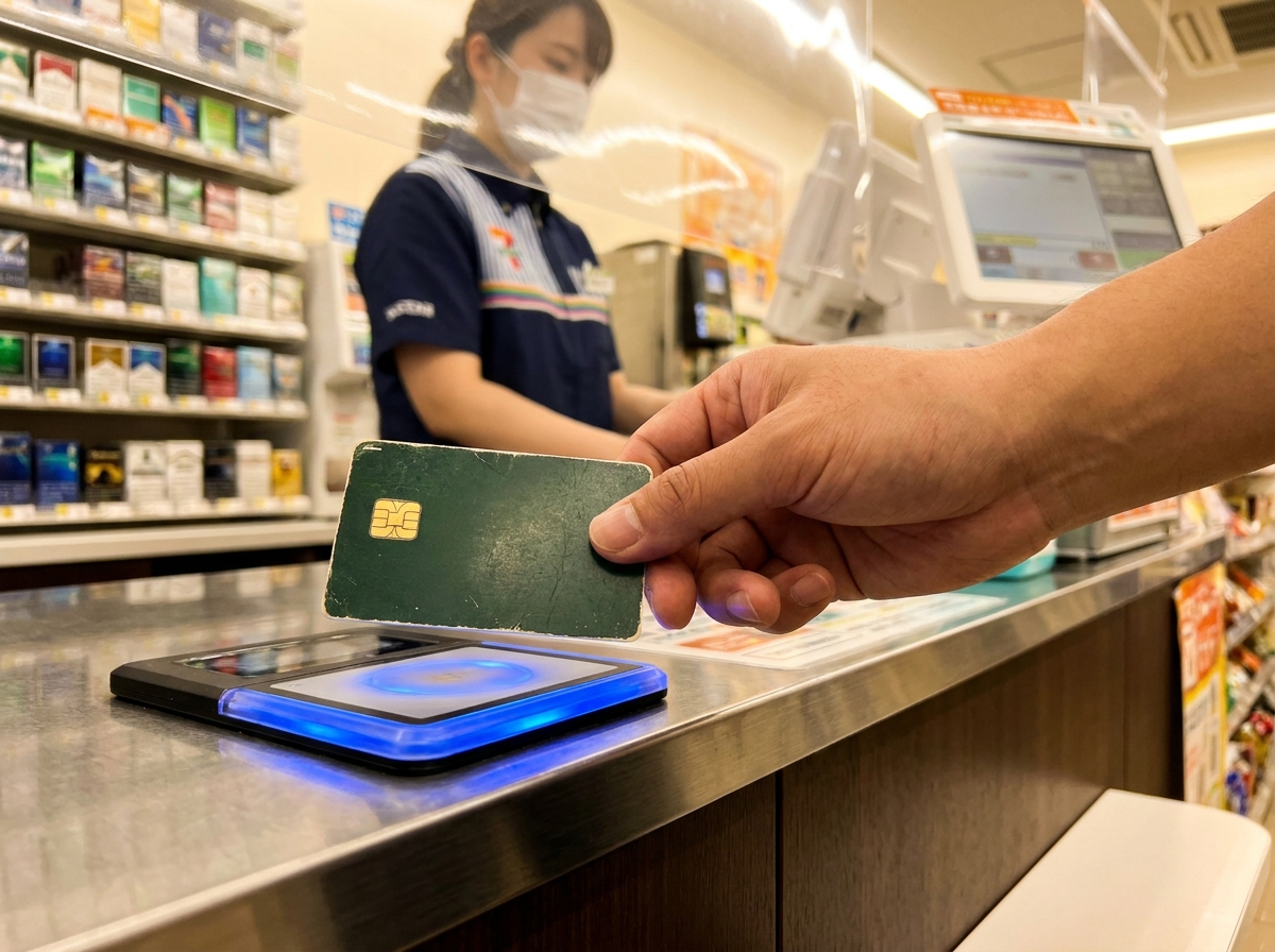 Suica IC card being tapped on the contactless pad at a konbini register