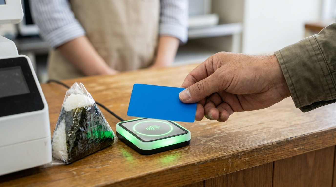 Hand tapping an IC card on the NFC reader at a Japanese convenience store register