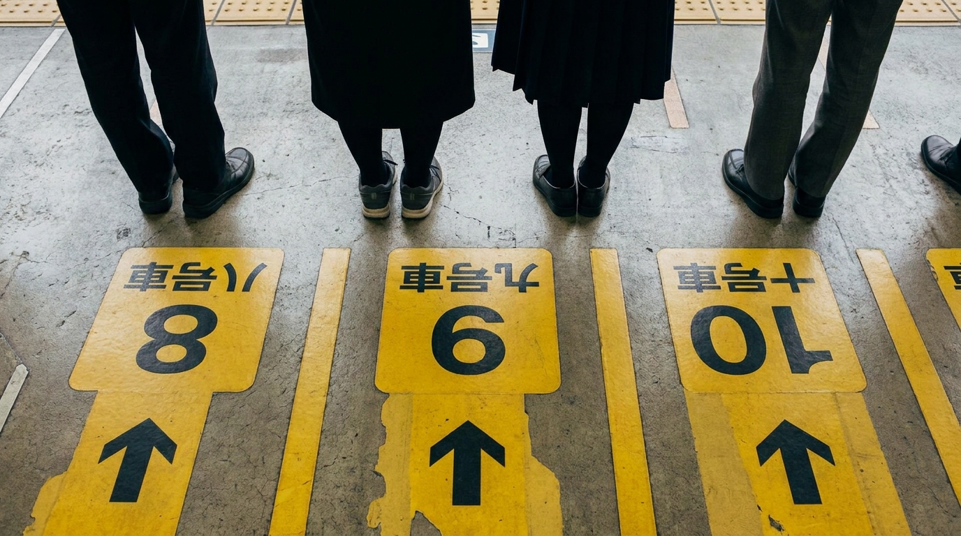 Yellow car-number markers on a Shinkansen platform with passengers waiting