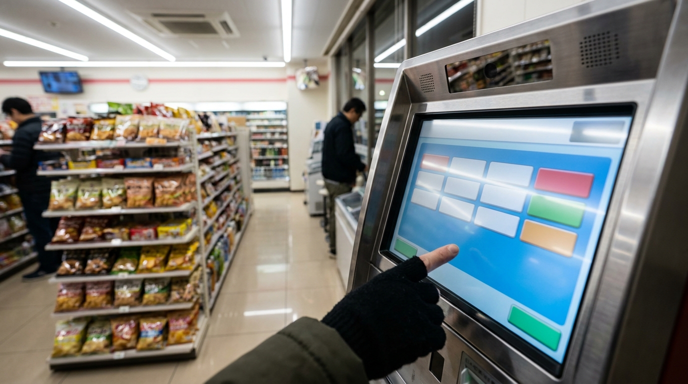 Inside a Japanese 7-Eleven at night with a hand reaching toward a Seven Bank ATM touchscreen