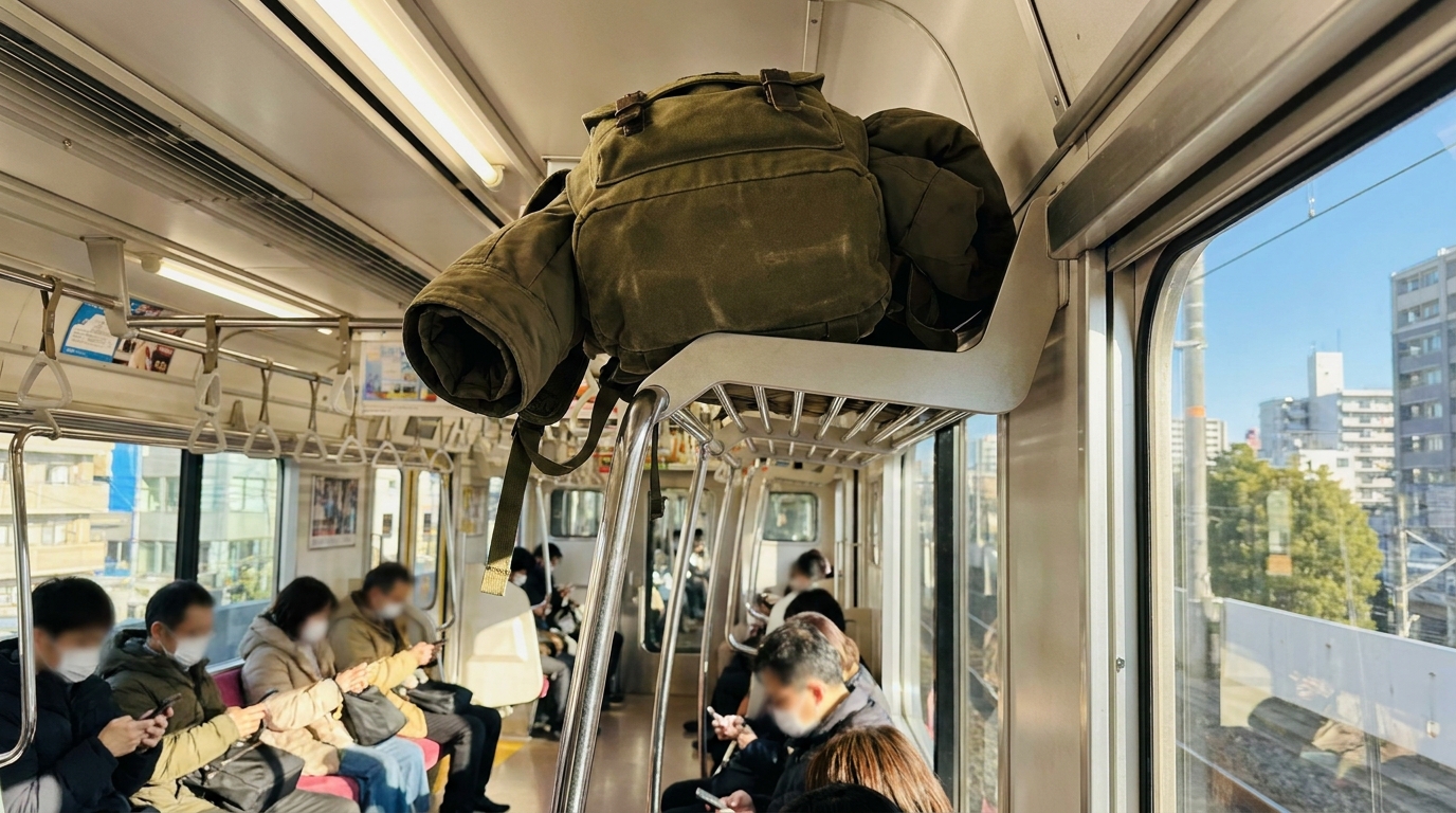A backpack placed on the overhead luggage rack inside a Tokyo subway car