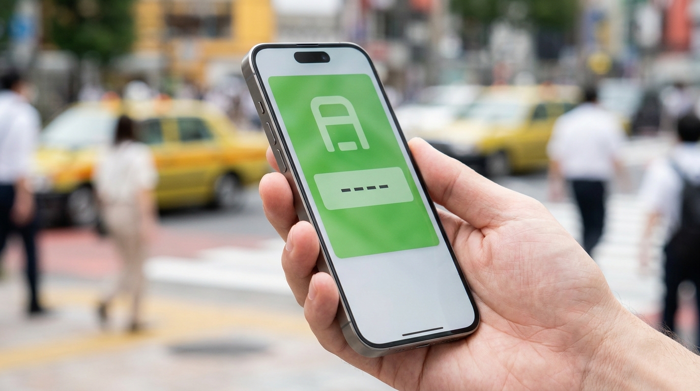iPhone showing a green Suica card balance screen, held in a hand against a blurred Tokyo street