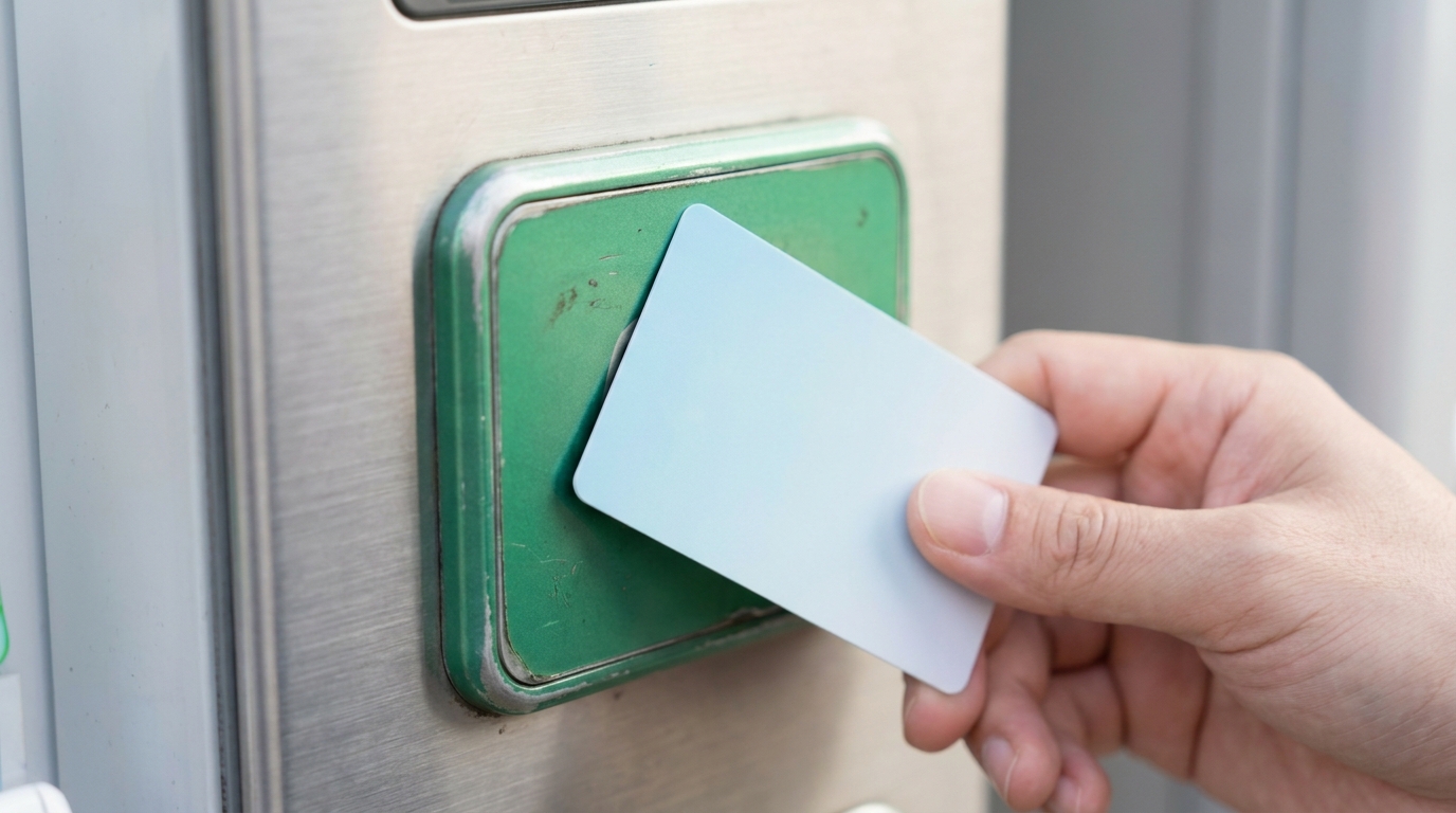 A hand tapping a plain IC transit card on the green NFC reader of a vending machine